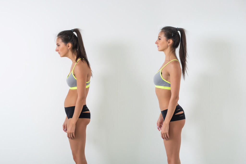 A woman demonstrating bad and good postures