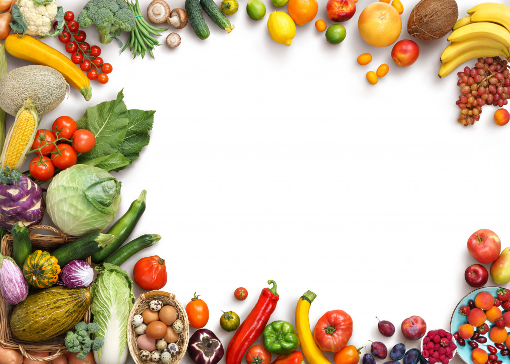 Fruits and vegetables on a white background