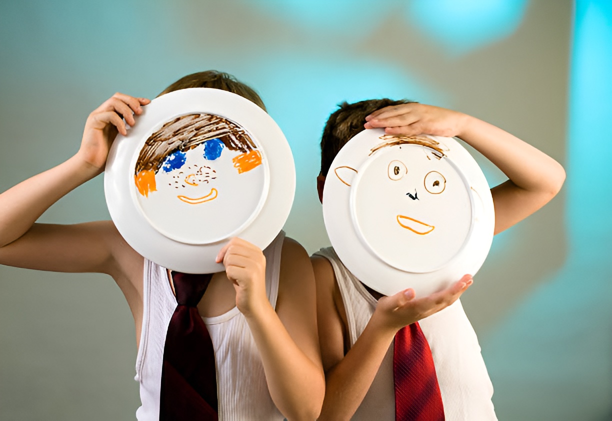 two boys covering their faces with paper plate masks