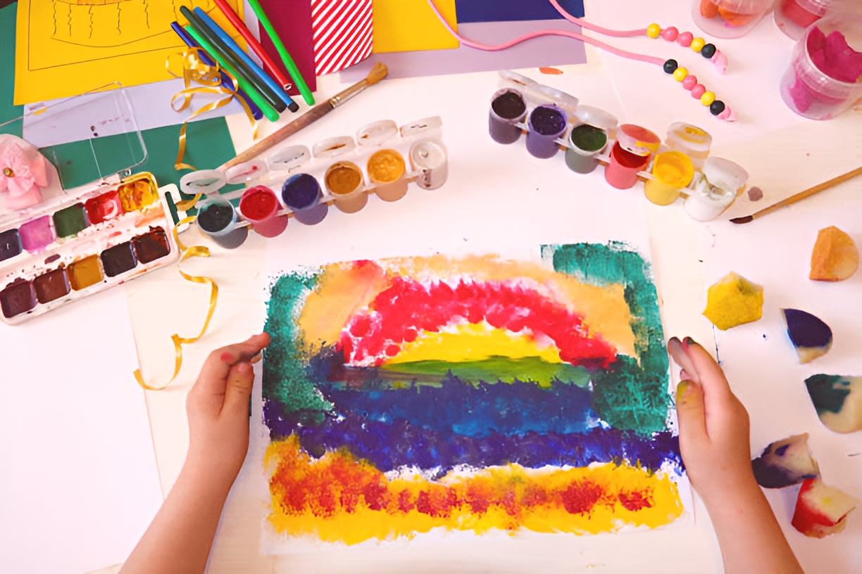 close-up of a kid painting with sponges