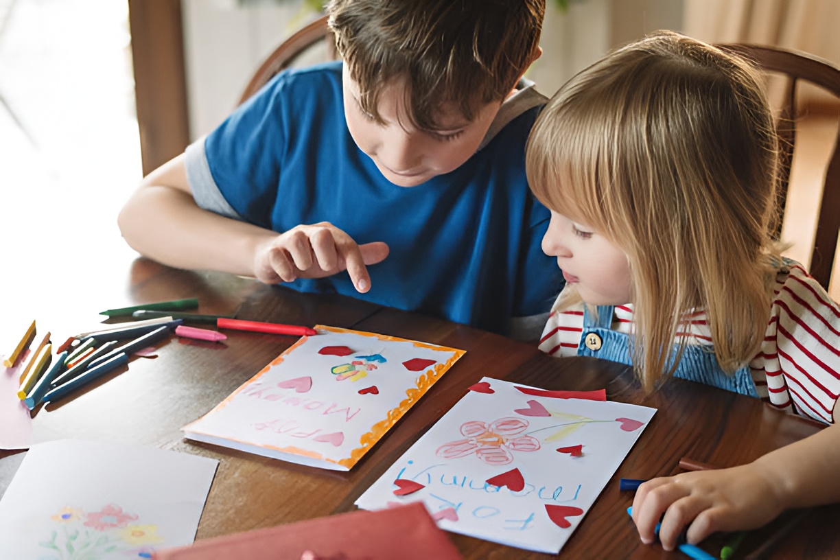 two kids making greeting cards